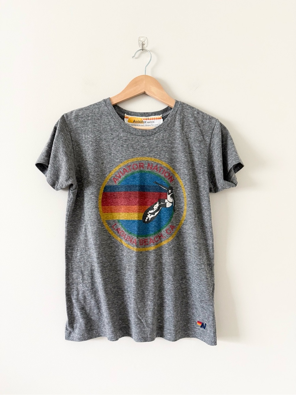 Aviator Nation Heather Gray Tee with Red Orange Yellow Blue Surfer Logo Size 14